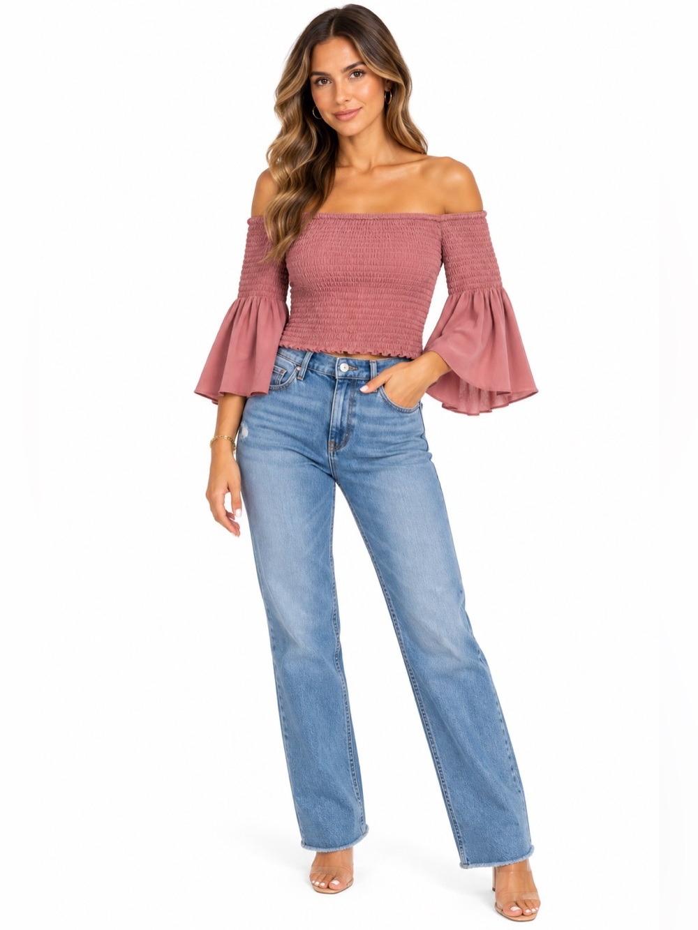 Express Dusty Rose Off Shoulder Smocked Bell Sleeve Crop Top Size M